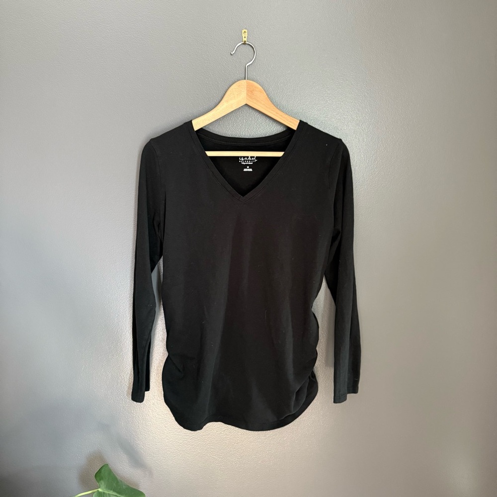 Ingrid Isabel Black Long Sleeve V Neck Shirt Blouse with Ruched Sides Size M